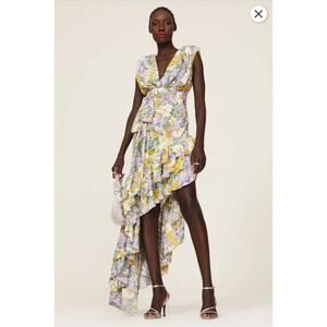 Bronx and Banco Lavender and Yellow Floral Ruffle High-Low Maxi Dress